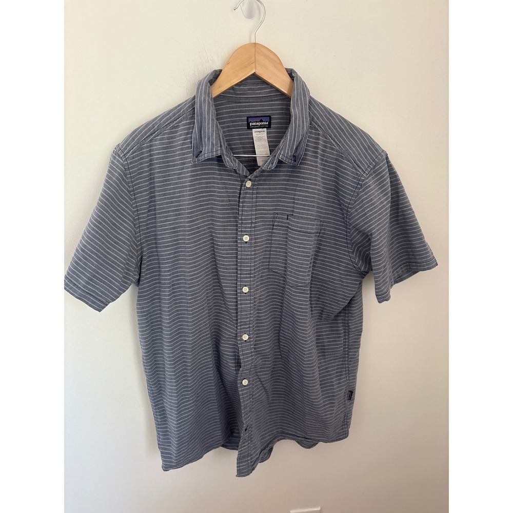 Patagonia Mens Blue Striped Organic Cotton Short Sleeve Button Down Shirt L
